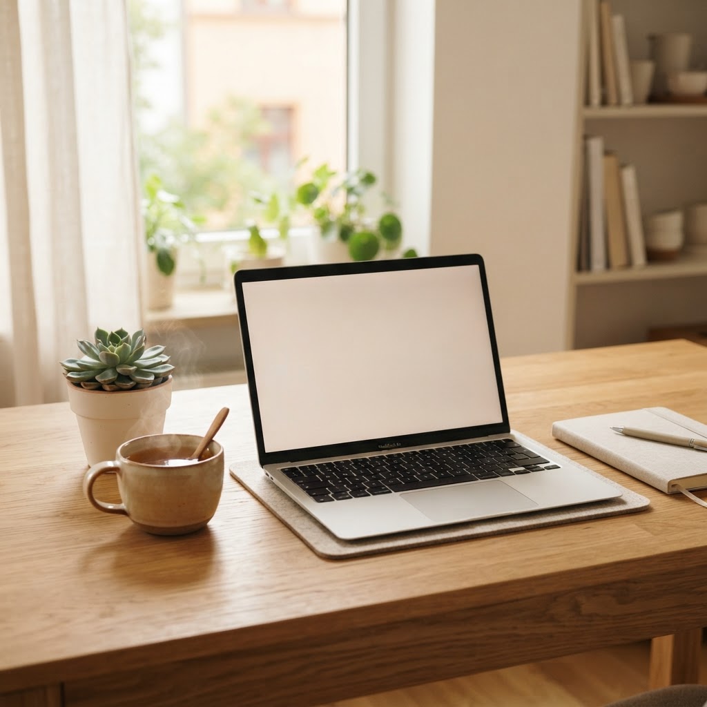 Minimalist desk with laptop, tea, and plant in soft natural light