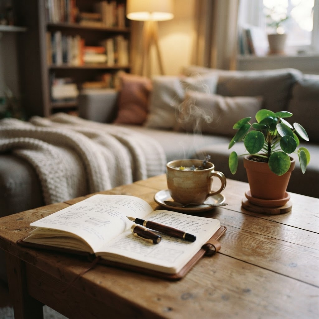 Coffee table with a journal, tea, and plant in a calm living room