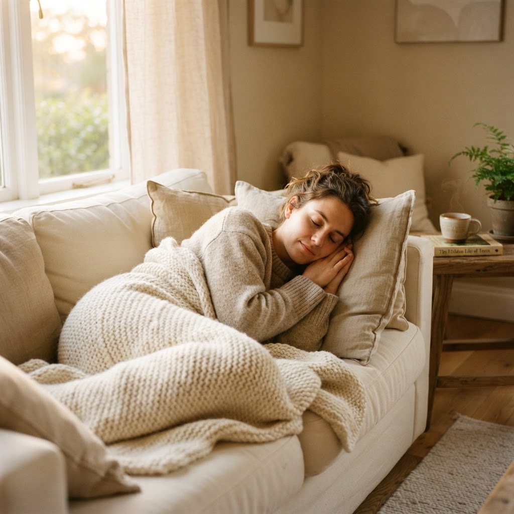 Person relaxing peacefully on a comfortable sofa wrapped in a blanket