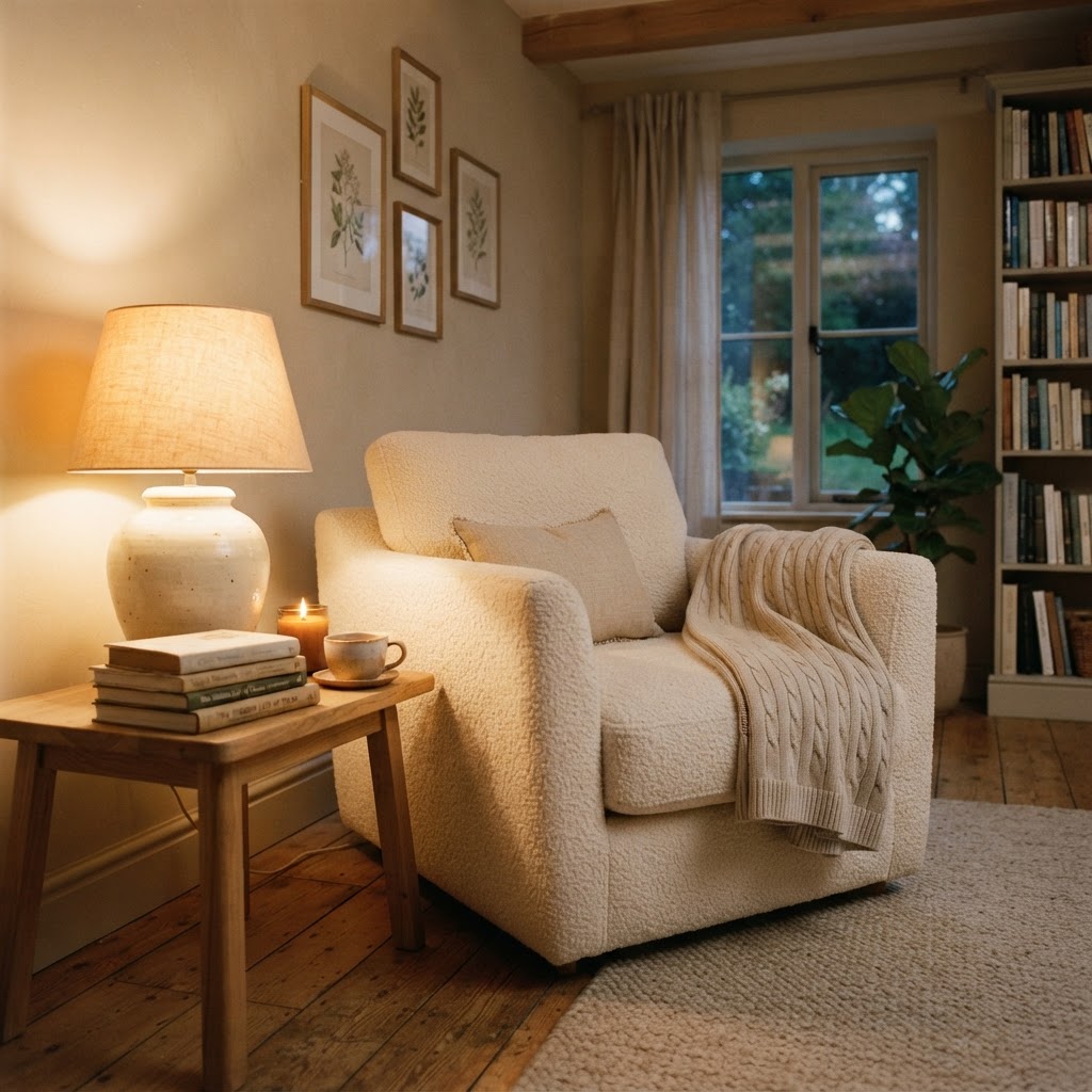 Cozy reading nook with armchair, lamp, and books