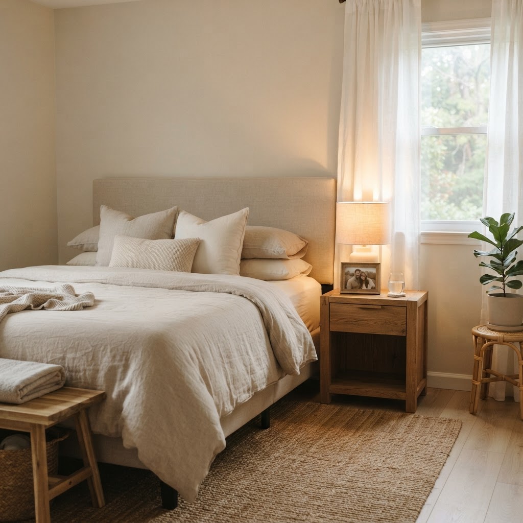 Peaceful bedroom with soft neutral linens and warm glowing bedside lamp