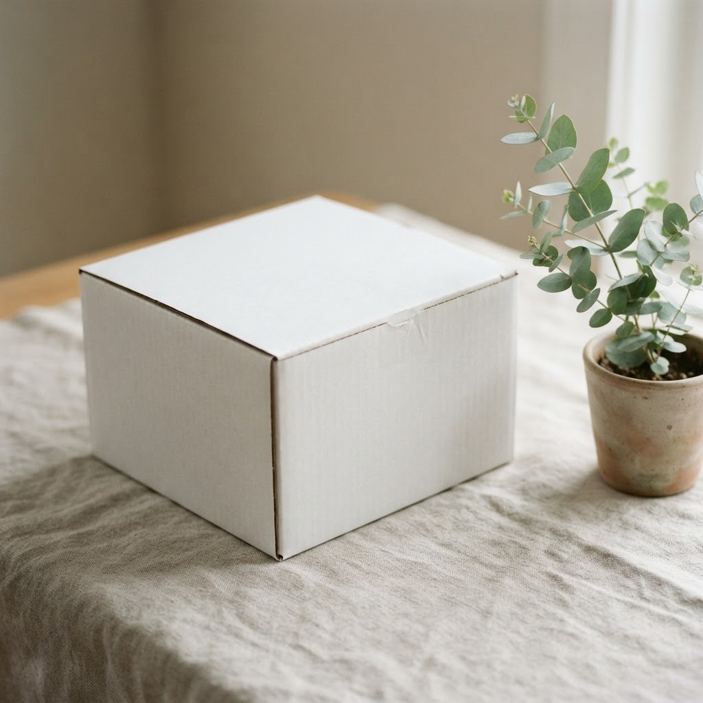 A plain unbranded shipping box on a neutral surface beside a small plant