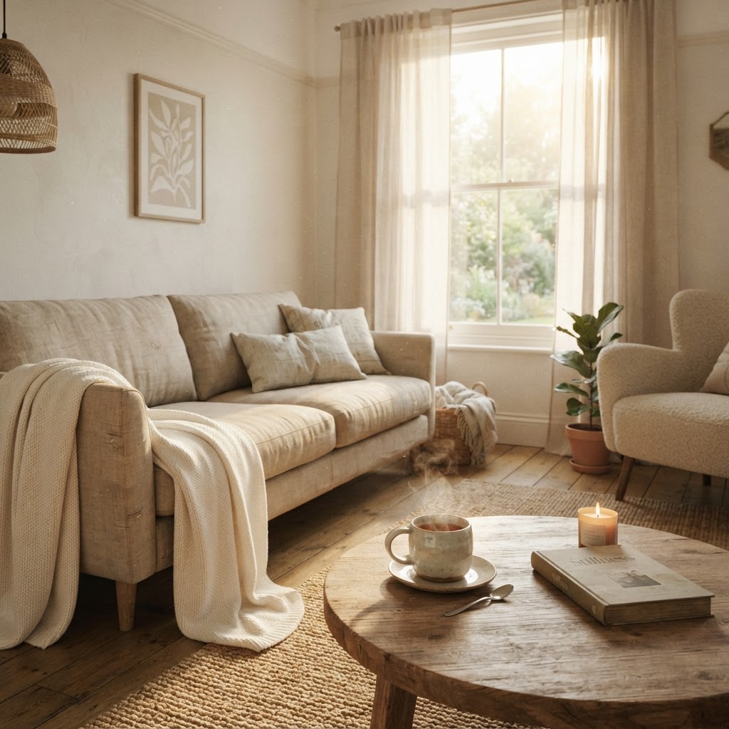 Serene sunlit living room with linen sofa and warm morning light