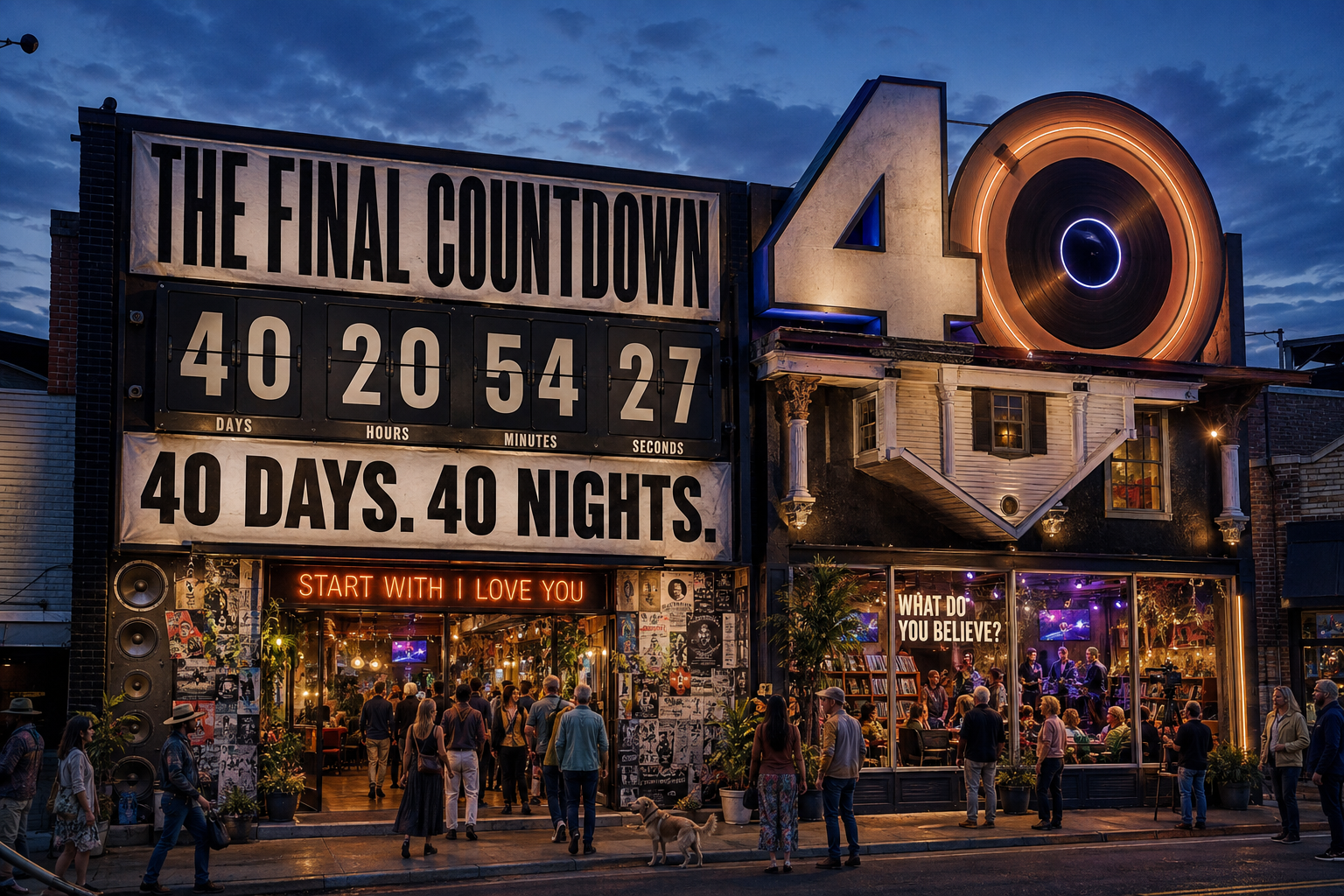 Concept for The Final Countdown Asheville storefront with a giant public clock and illuminated 40