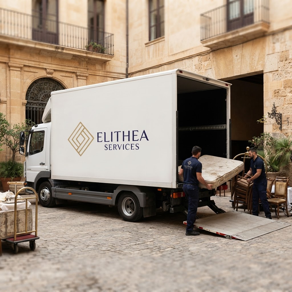 Agents Elithea Services évacuant des encombrants dans l'arrière-cour d'un hôtel