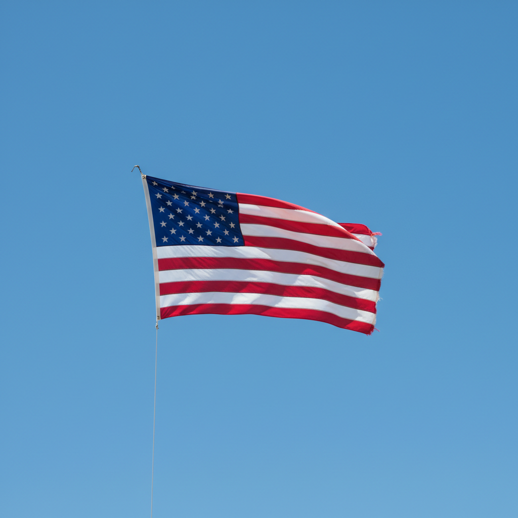 United States flag floating in the air