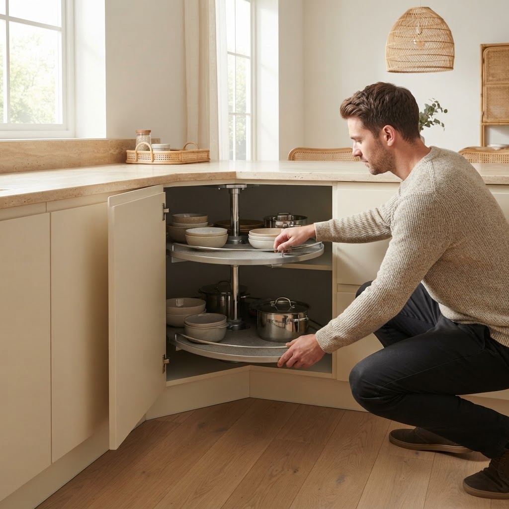 A person opens a corner cabinet and rotates the carousel shelves.