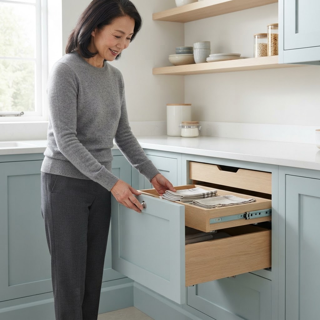 A person opens an outer drawer front and reveals the internal drawers behind it.