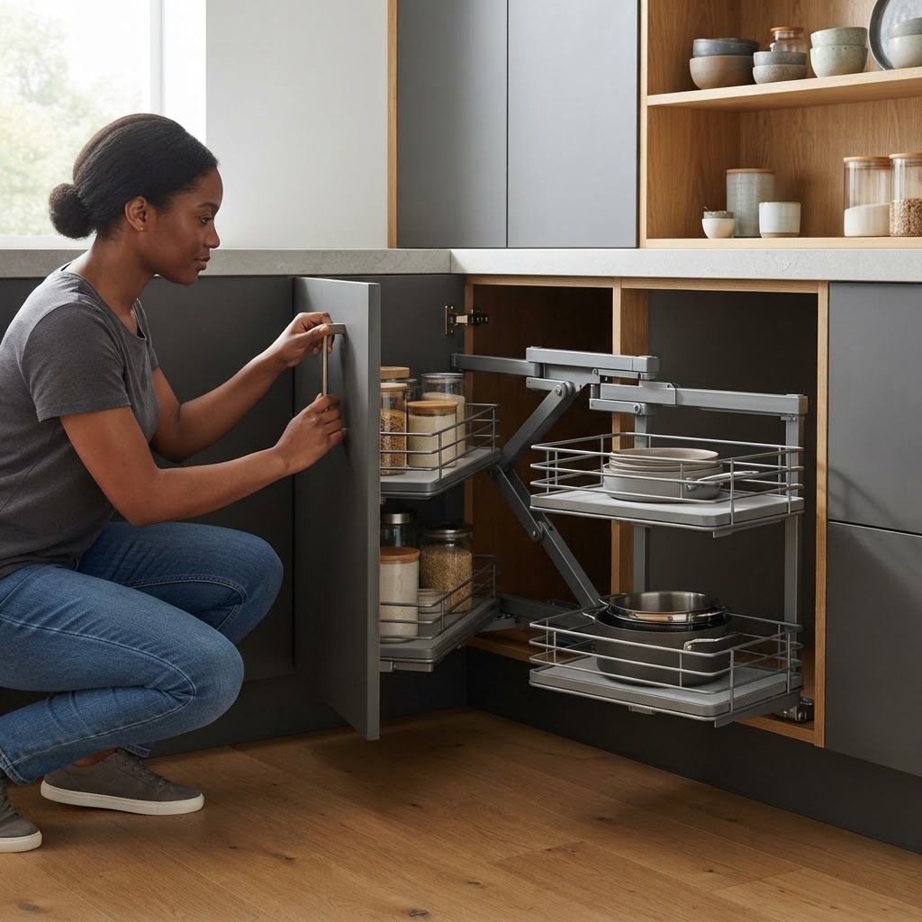 A person opens a corner door and pulls the storage mechanism towards them.