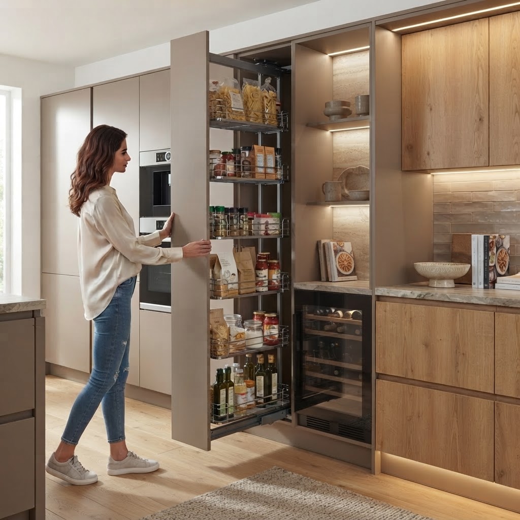 A person pulls a full-height pantry unit forward, takes an item and closes it.
