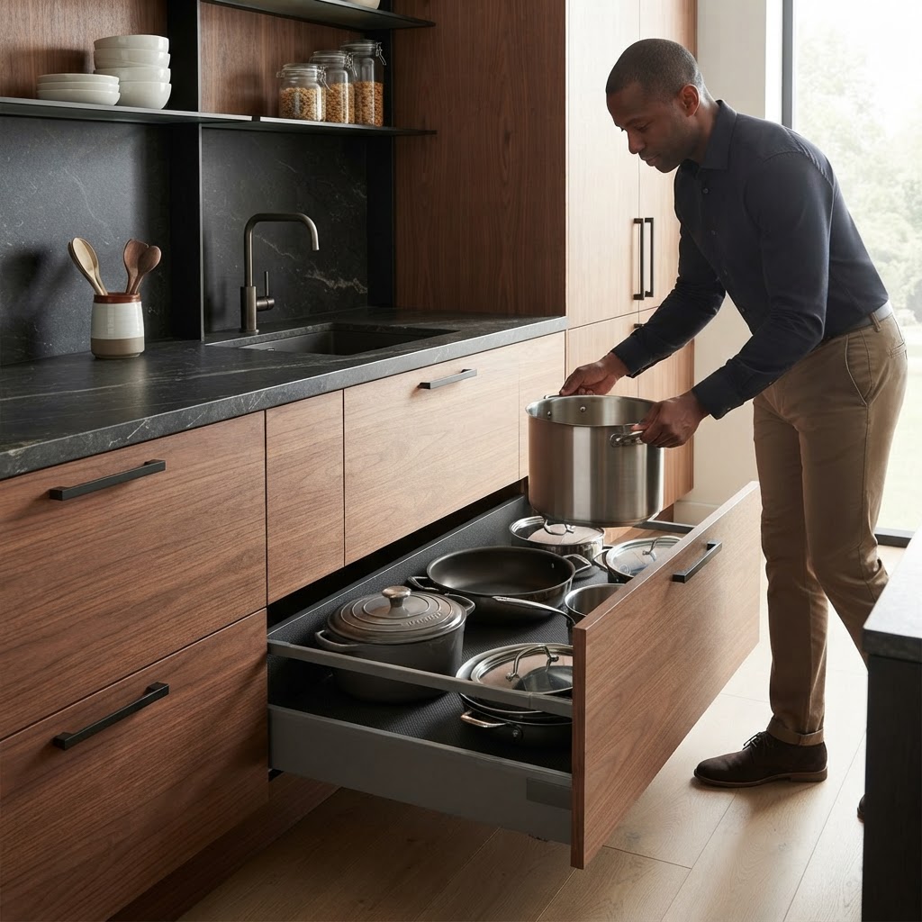 A person smoothly opens a deep drawer, removes a large pan and closes it.