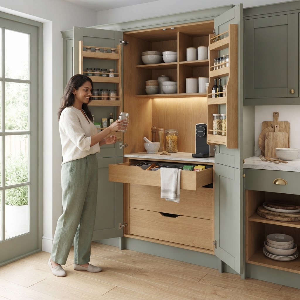 A person opens a larder cabinet and accesses neatly organised food storage.