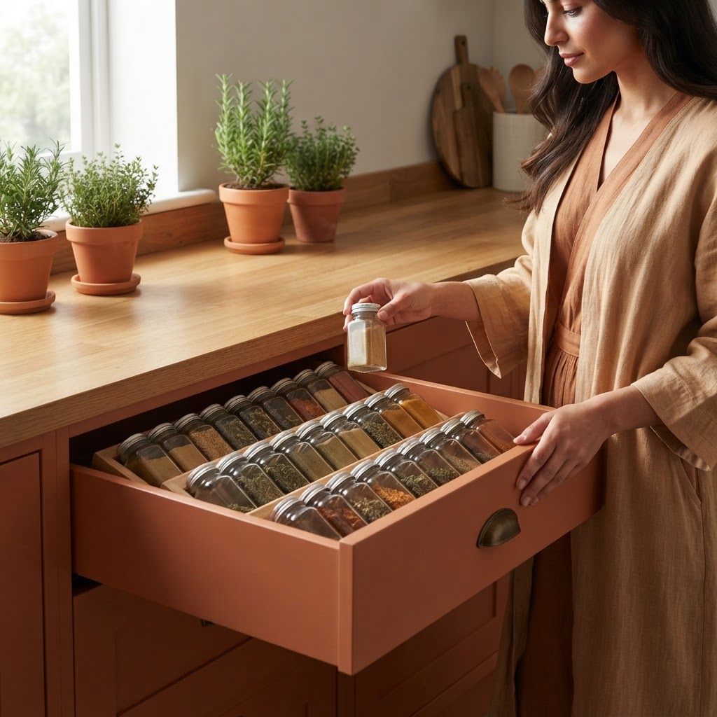 A person opens a spice organiser and selects a spice.