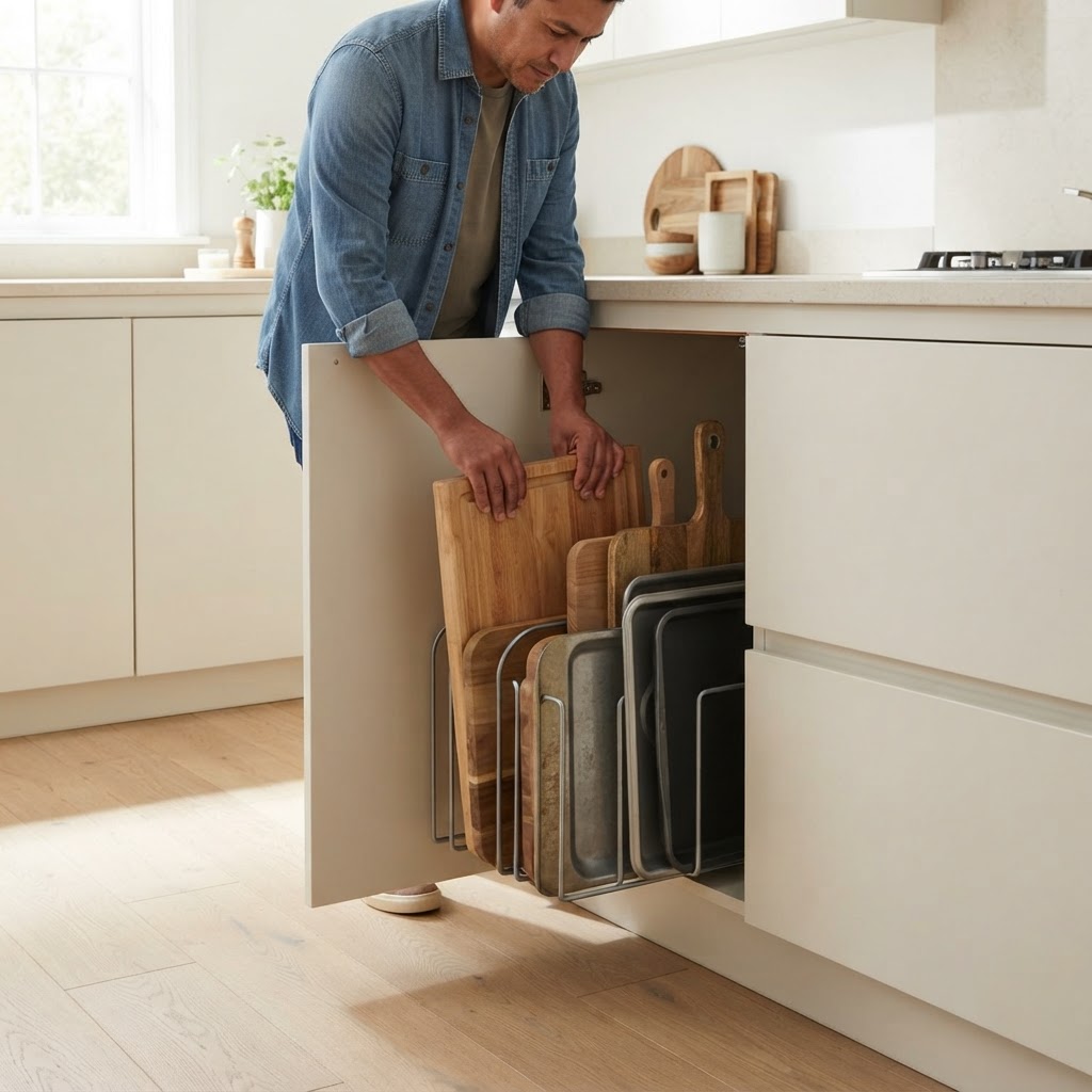 A person slides a chopping board into a vertical organiser.