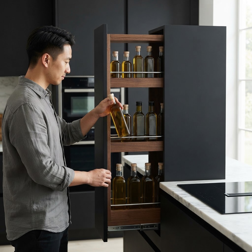 A person pulls out a narrow bottle rack beside a preparation area and removes a bottle.