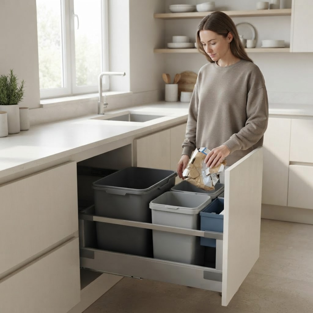 A person opens a drawer and places items into separate recycling compartments.