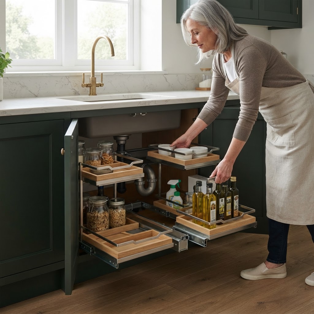 A person opens the sink cabinet and pulls out an organised storage tray.