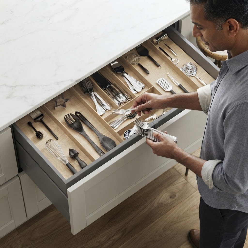 A person opens an organised cutlery drawer and places utensils inside.
