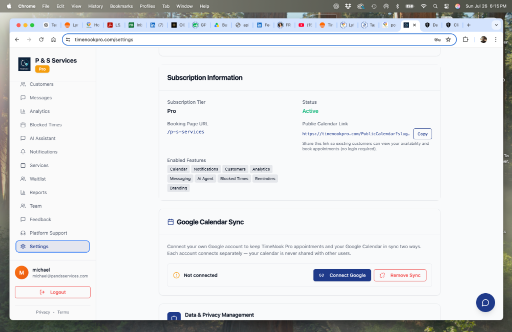 1. Settings Page — Google Calendar Sync Card