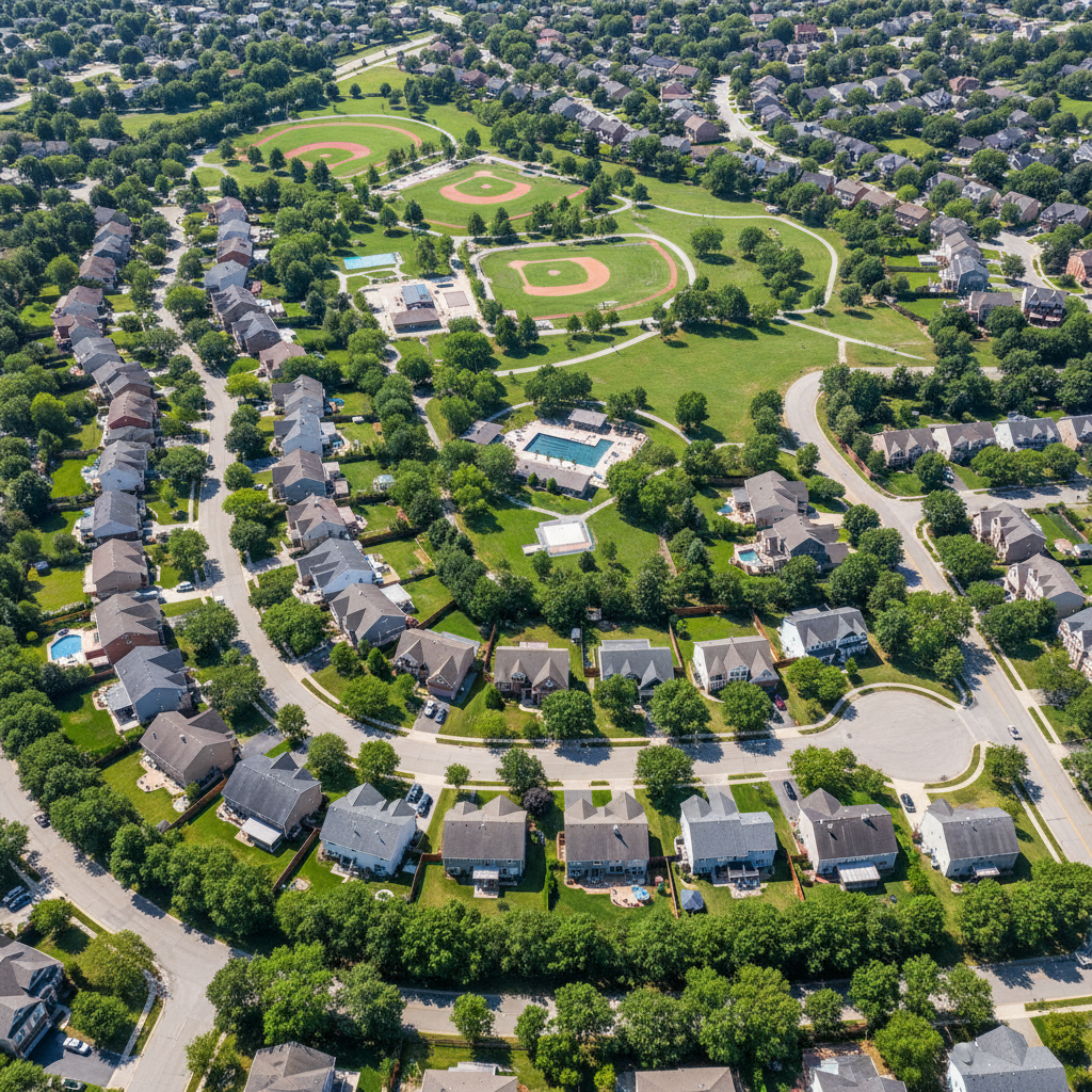 Aerial suburban neighborhood