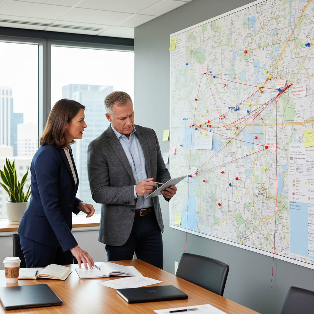 Managers reviewing map