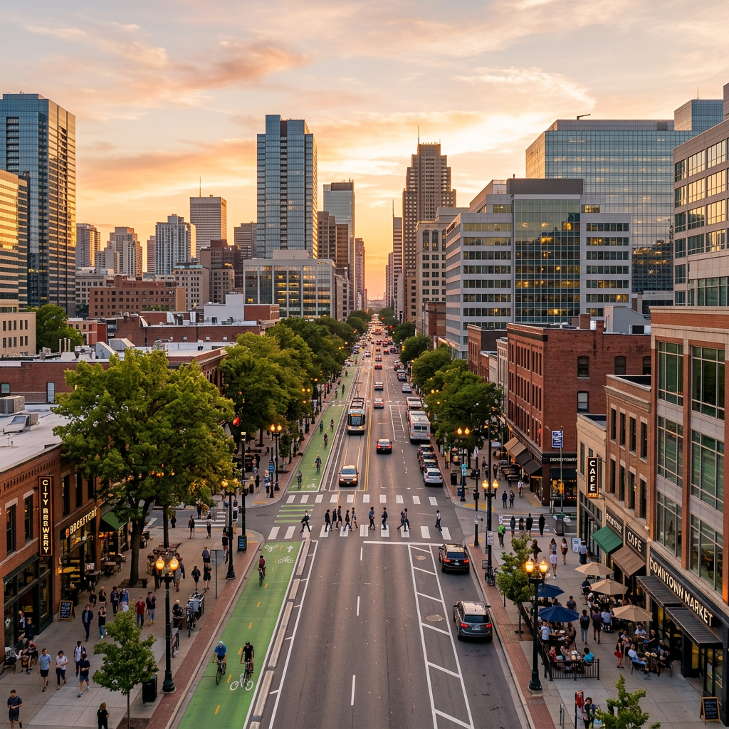 Aerial downtown golden hour