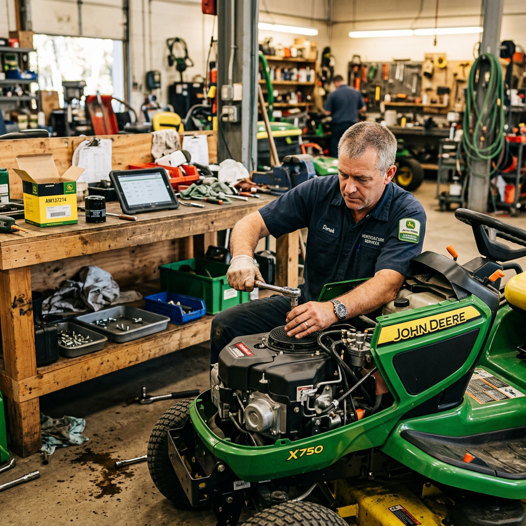 SGP technician servicing a ride-on mower in the workshop