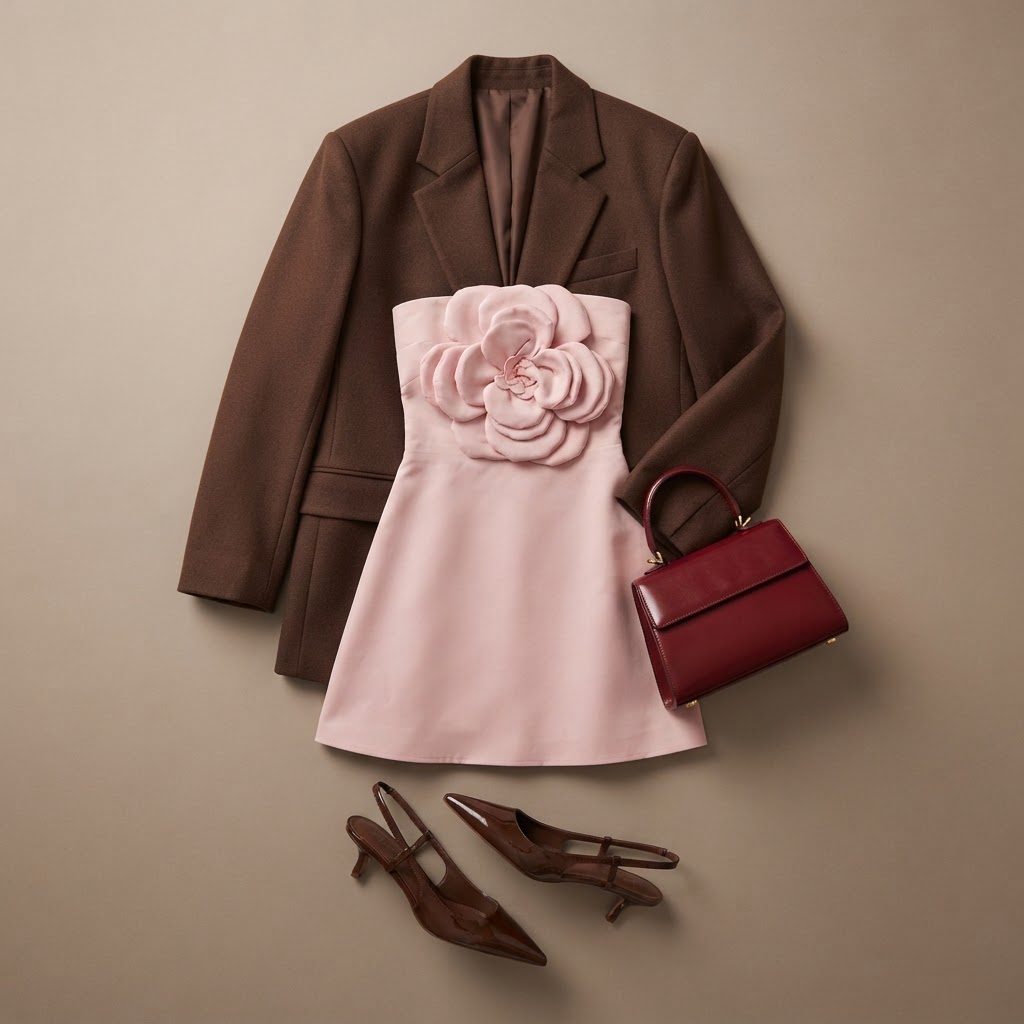 A flat lay of a blush-pink strapless mini dress with a large 3D floral rosette, a chocolate-brown blazer, a dark red handbag, and brown pointed-toe patent slingback heels.