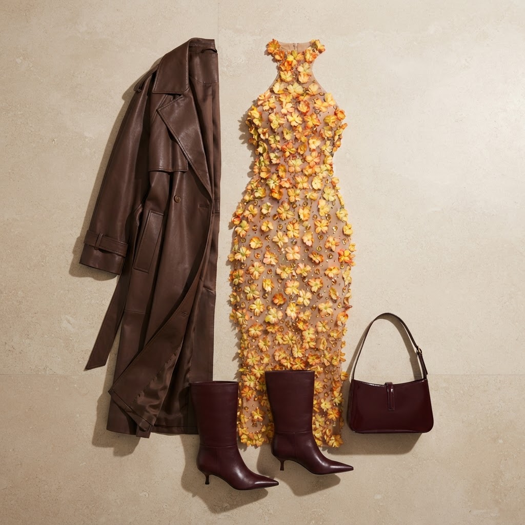 Tactile Modernity: Floral Appliqué & Tailored Brown Leather, outfit shared by lindsay's videos (everyday)
