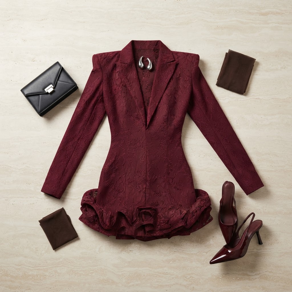 A flat lay of a burgundy jacquard blazer dress with a ruffled hem, paired with burgundy slingback heels, a black envelope clutch, and silver earrings.