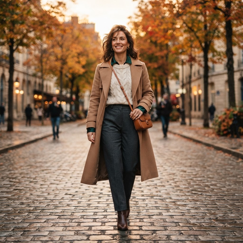 A stylish woman walking down a city street in autumn wearing a layered outfit with a trench coat and turtleneck.