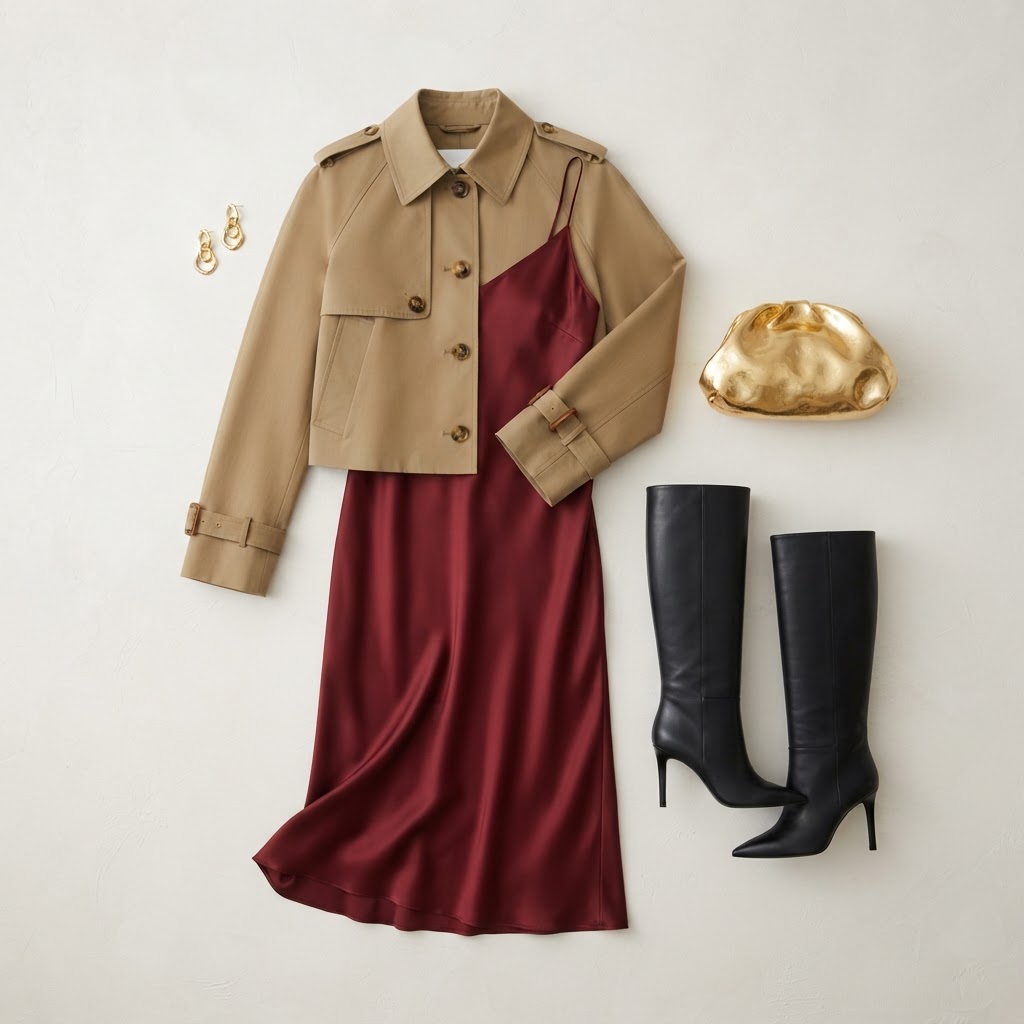 A flat lay of a khaki cropped trench coat, a garnet midi slip dress, black knee-high stiletto boots, and gold jewelry on a white background.