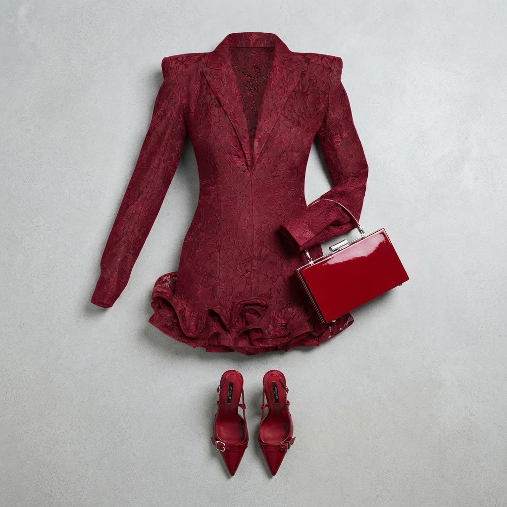 A deep crimson lace blazer dress with power shoulders and a bubble hem is laid flat alongside a red patent box clutch and matching pointed-toe high heels.