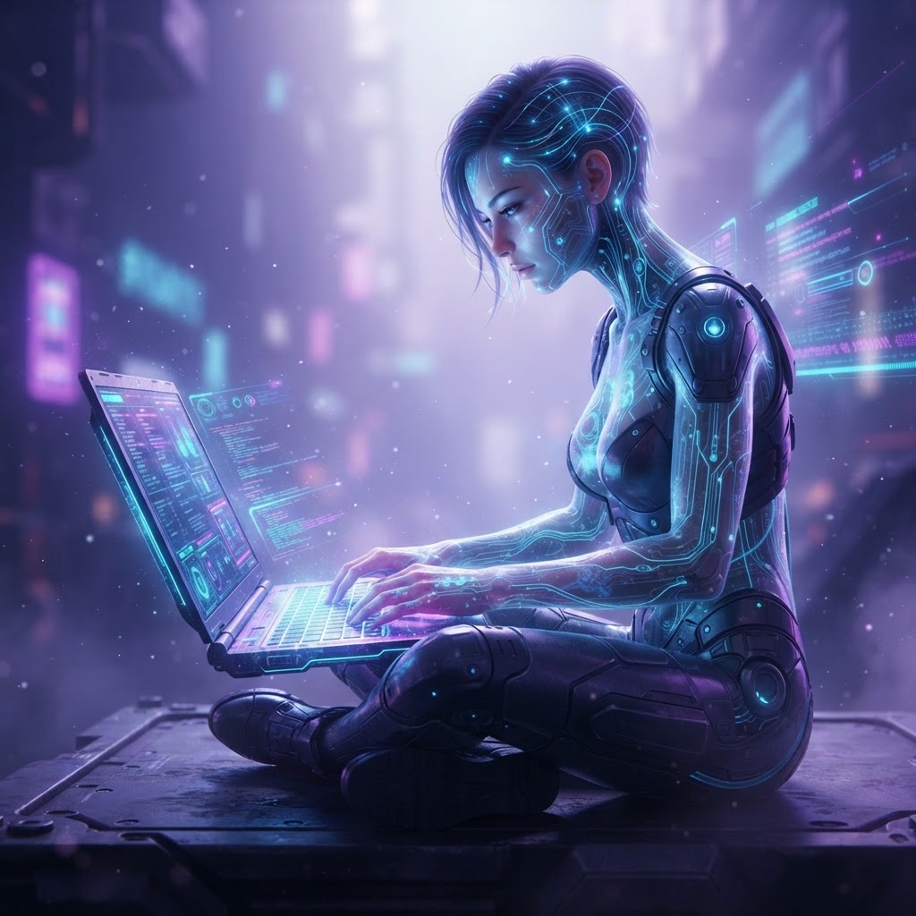 Futuristic humanoid with glowing circuitry