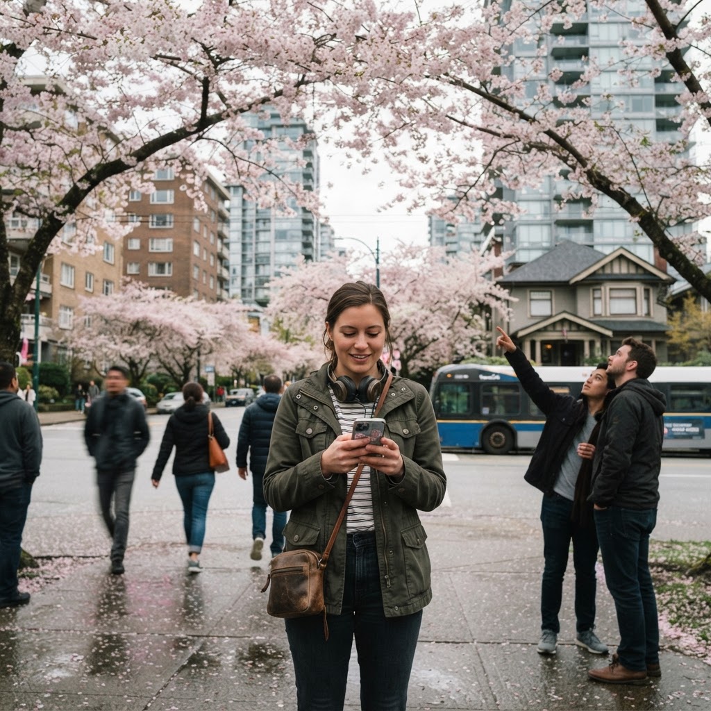 A platform for travellers to find the best places to view Sakura in Vancouver - AI generated hero