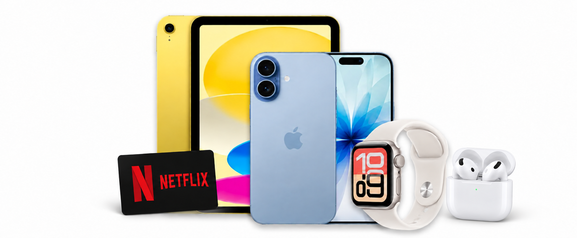 Composición de regalos: teléfonos, portátil, auriculares y tarjeta prepago.