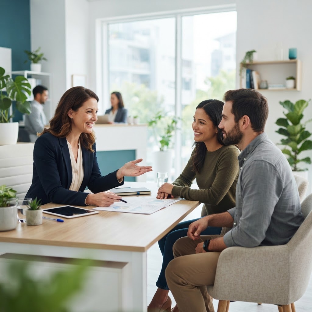 Asesora profesional de seguros atendiendo con cercanía a una pareja en una oficina moderna y luminosa de la Oficina Comercial Adeslas en Pinto, transmitiendo confianza y asesoramiento personalizado.