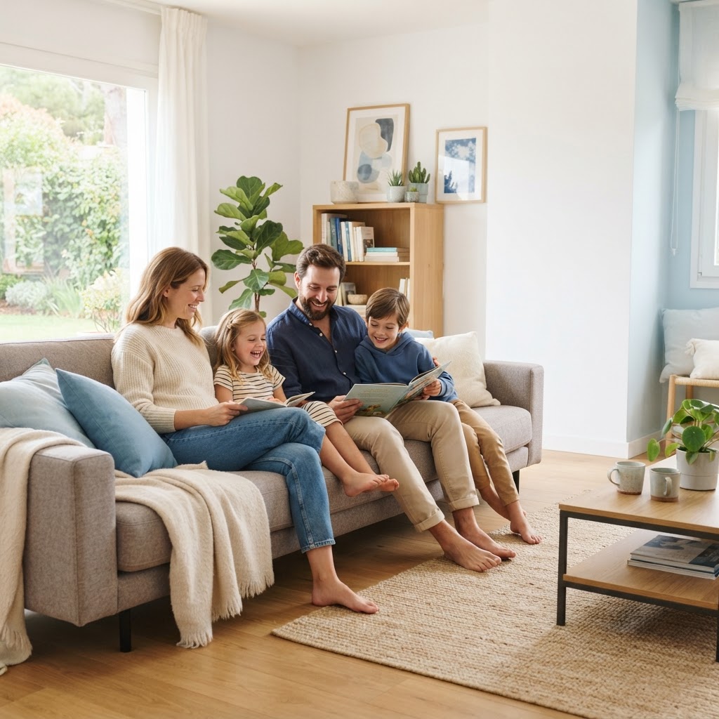 Familia relajada en el salón luminoso de su vivienda moderna