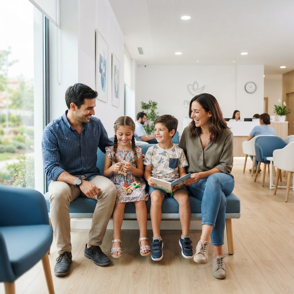Familia con dos padres y dos hijos en una sala de espera médica moderna y luminosa.