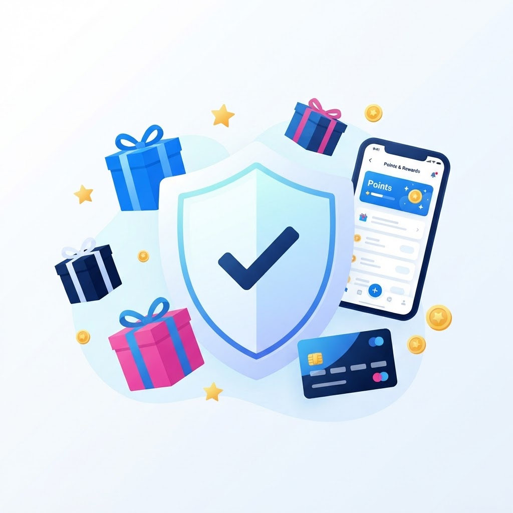 Ilustración de protección, regalos y puntos: escudo con check, cajas de regalo, smartphone con puntos, tarjeta prepago y estrellas.