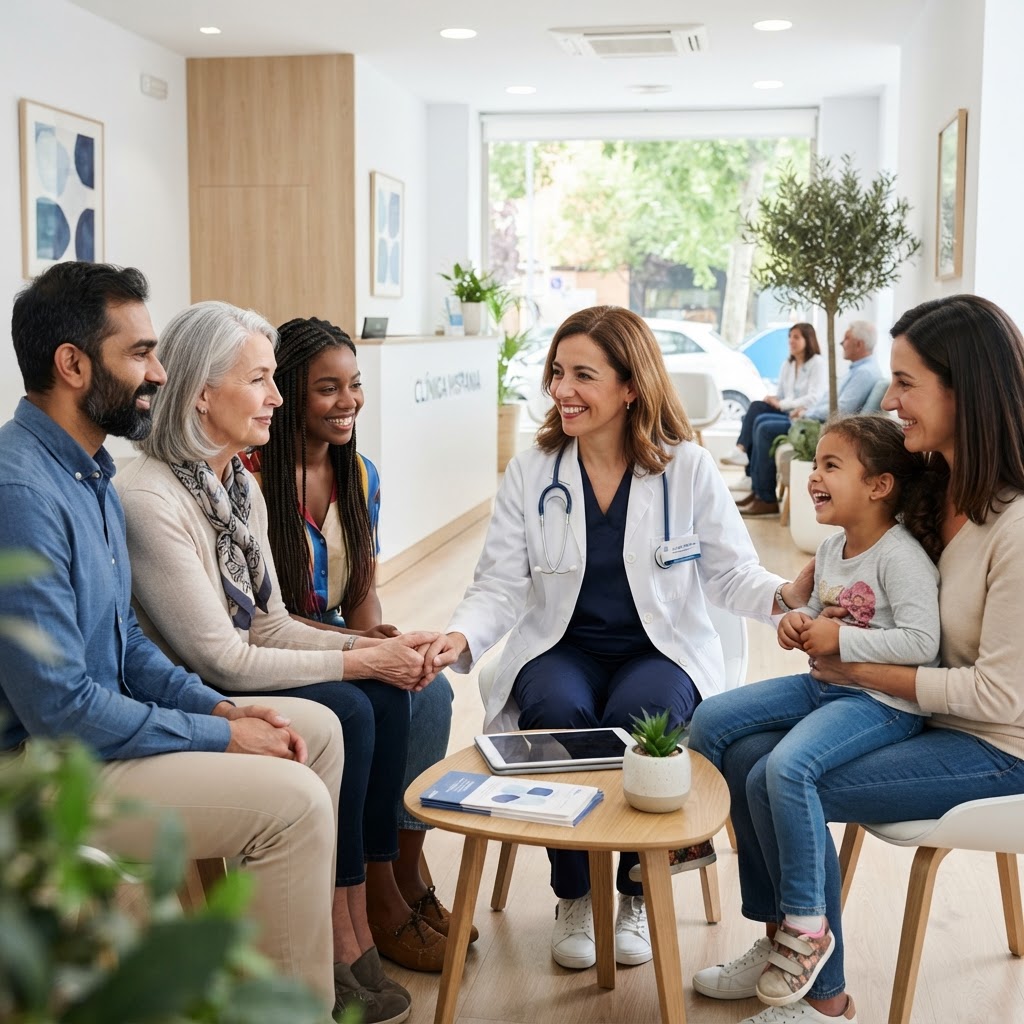 Grupo multicultural de personas con un médico en una clínica moderna y luminosa.