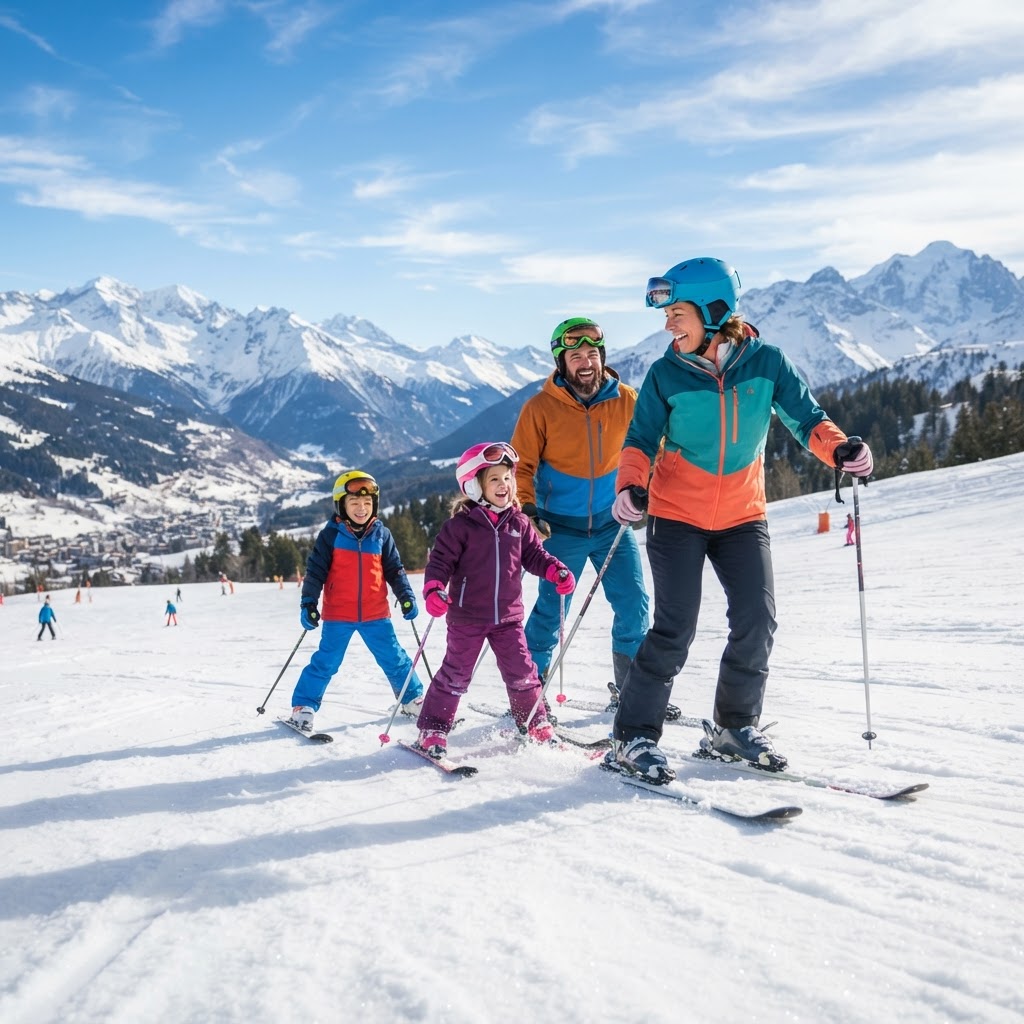Familia esquiando en un día soleado en la nieve