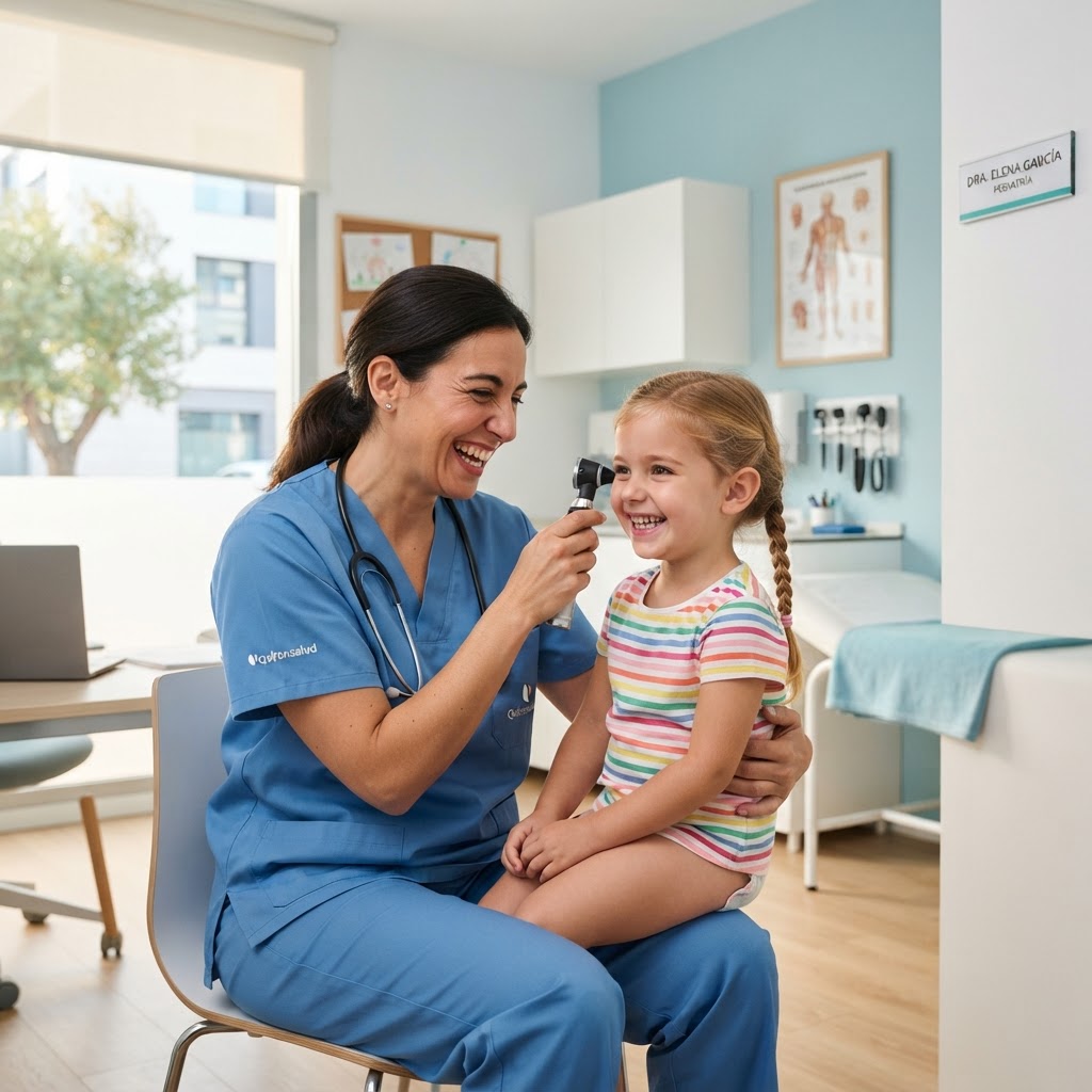 Pediatra atendiendo con cariño a un niño en una consulta moderna y luminosa.
