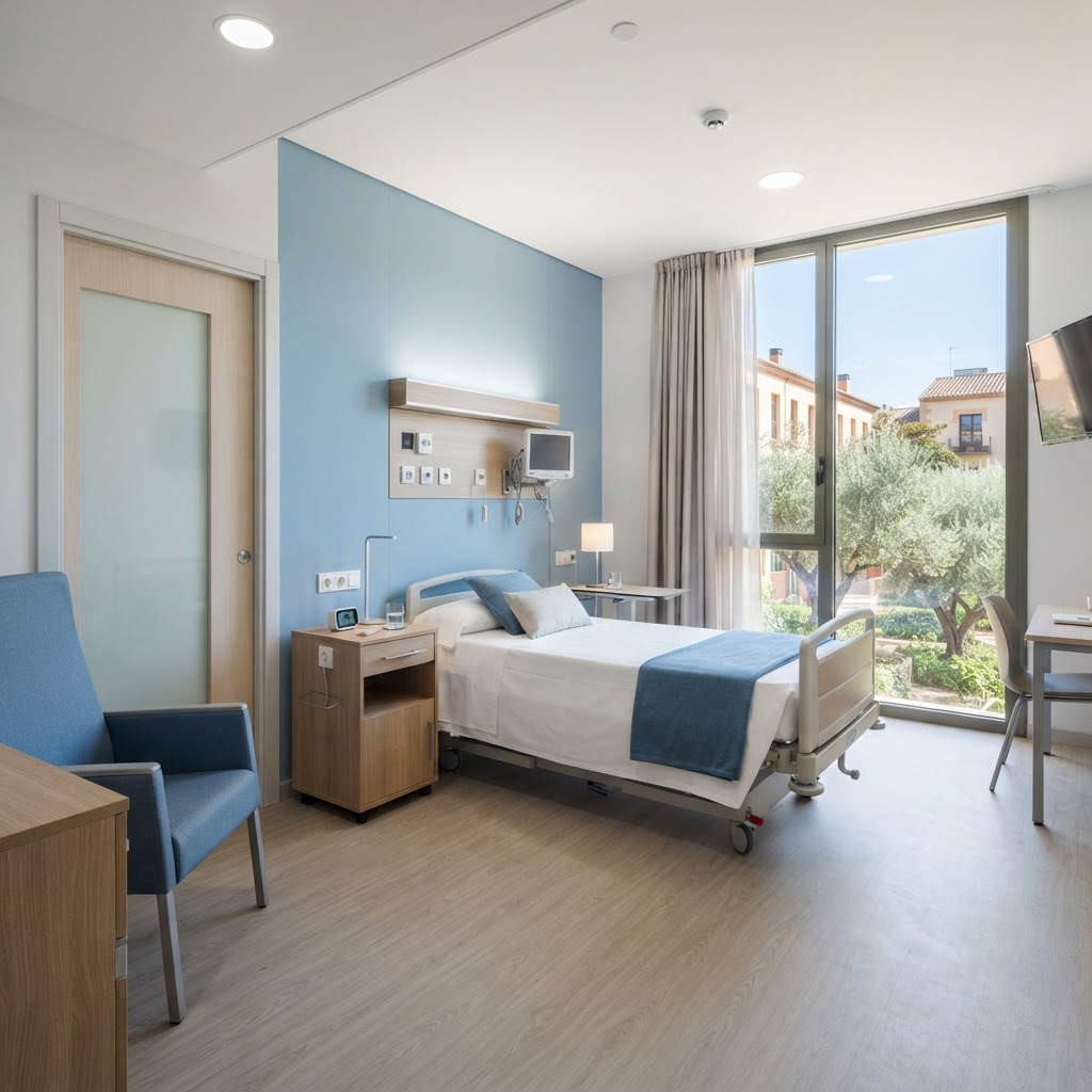 Habitación individual moderna y luminosa de un hospital privado, con cama cómoda y ventana.