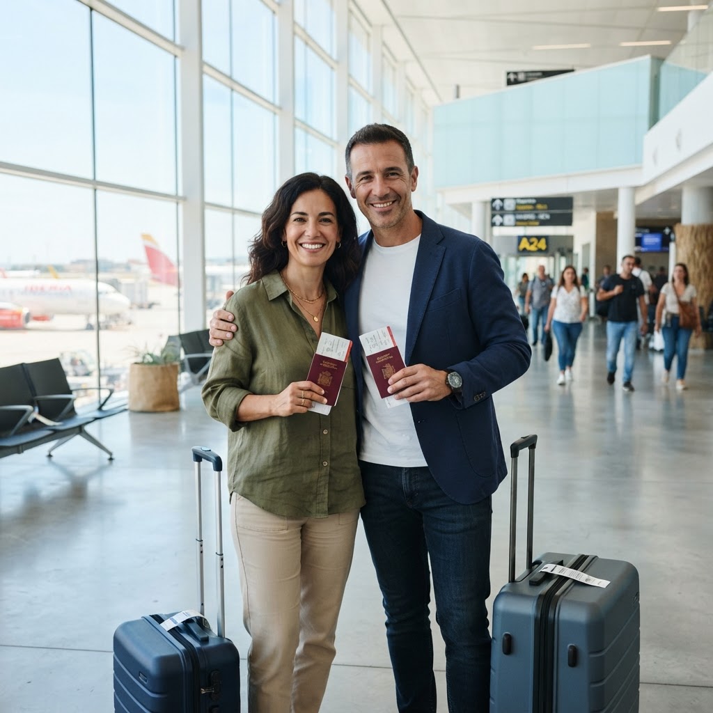Pareja sonriente con pasaportes, tarjetas de embarque y maletas en un aeropuerto moderno y luminoso