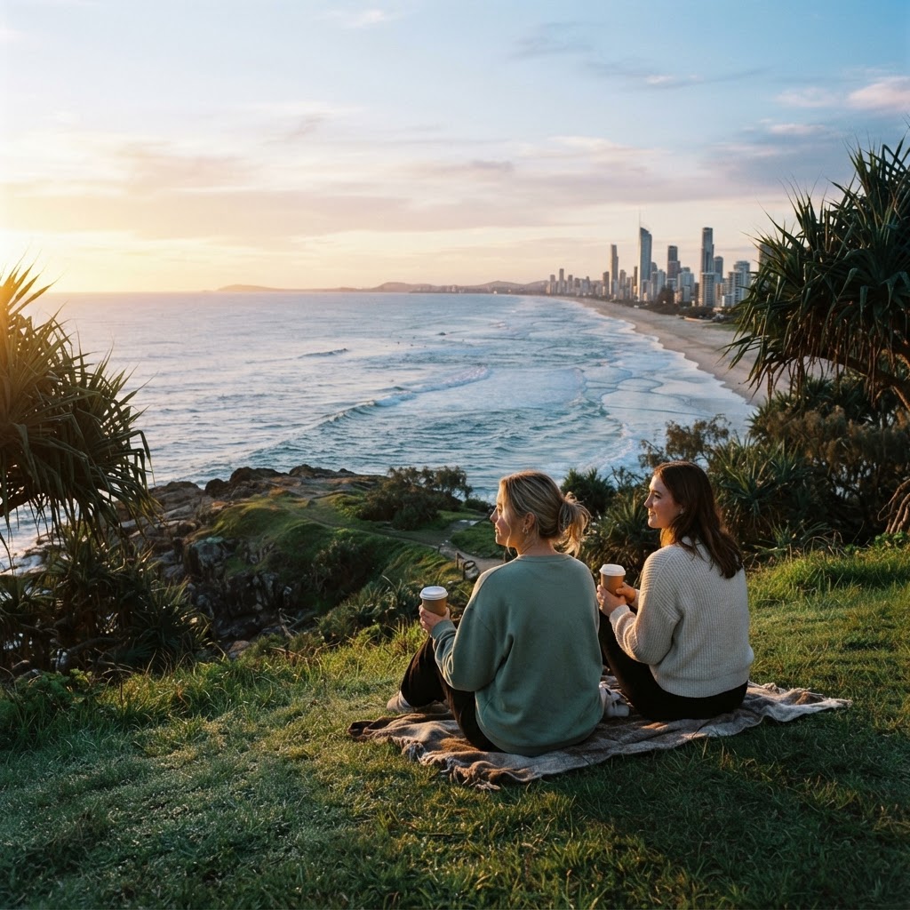 Two friends watching the sunrise over the ocean from the Burleigh Heads headland