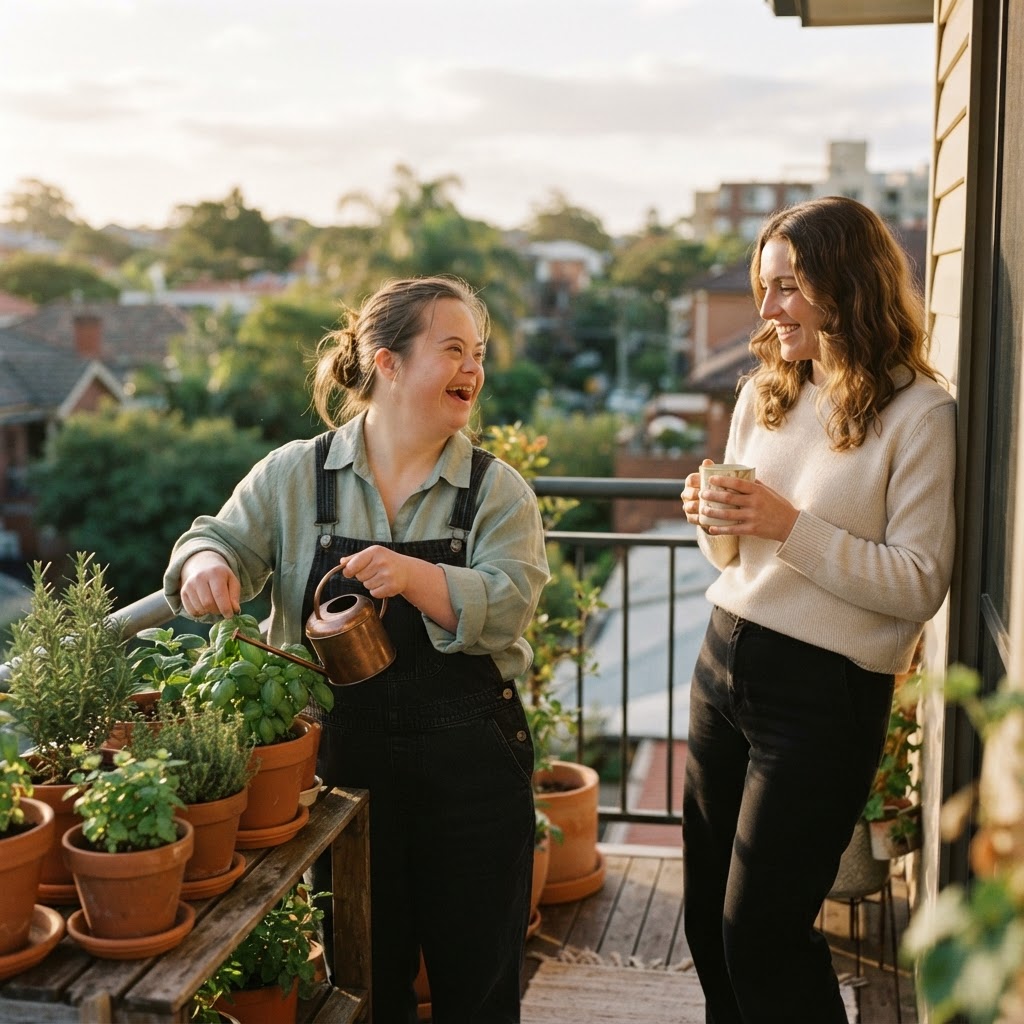 A young woman laughing while watering herbs on her balcony with a friend