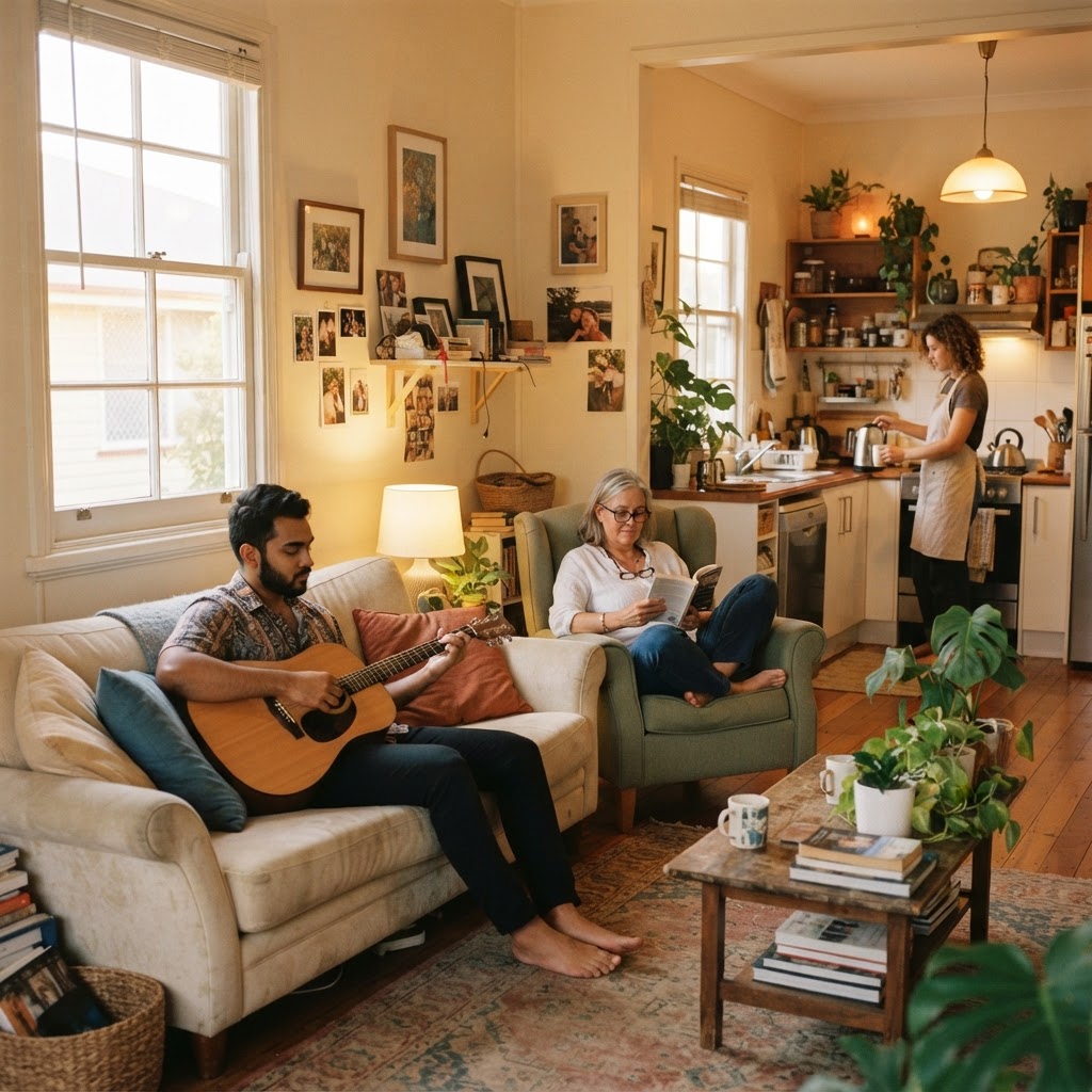 Housemates relaxing together in a warm living room