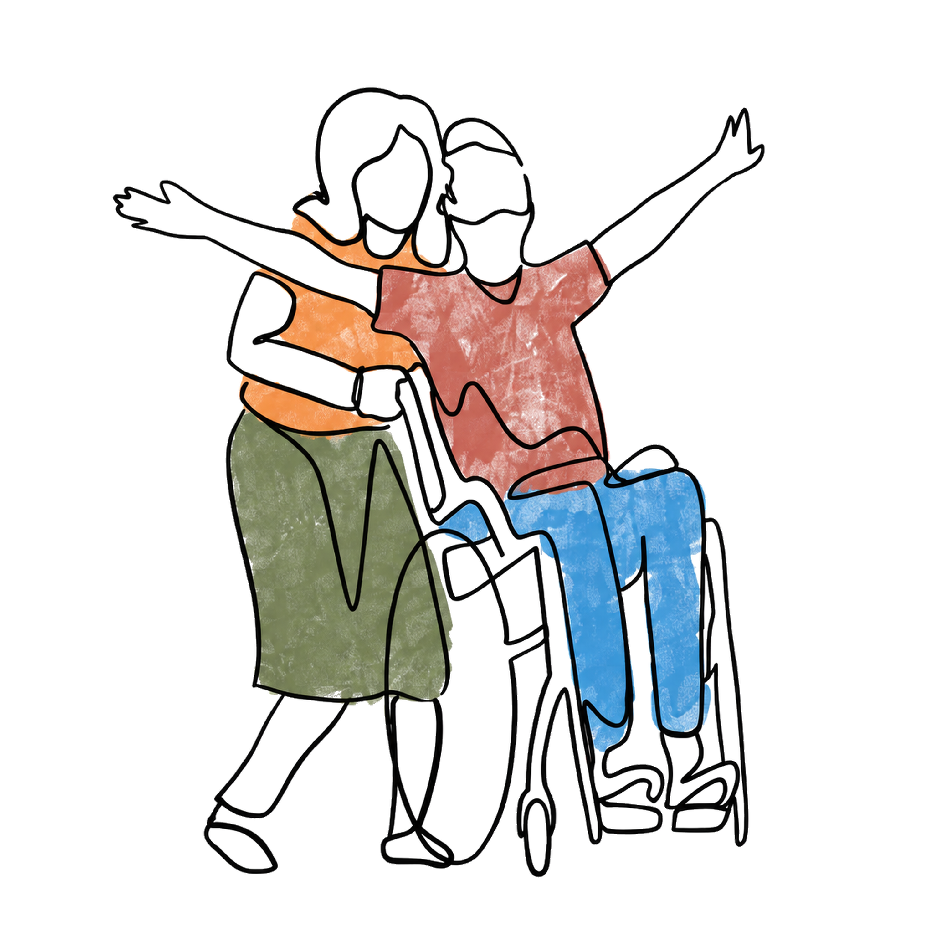 Two people celebrating together, one standing and one in a wheelchair