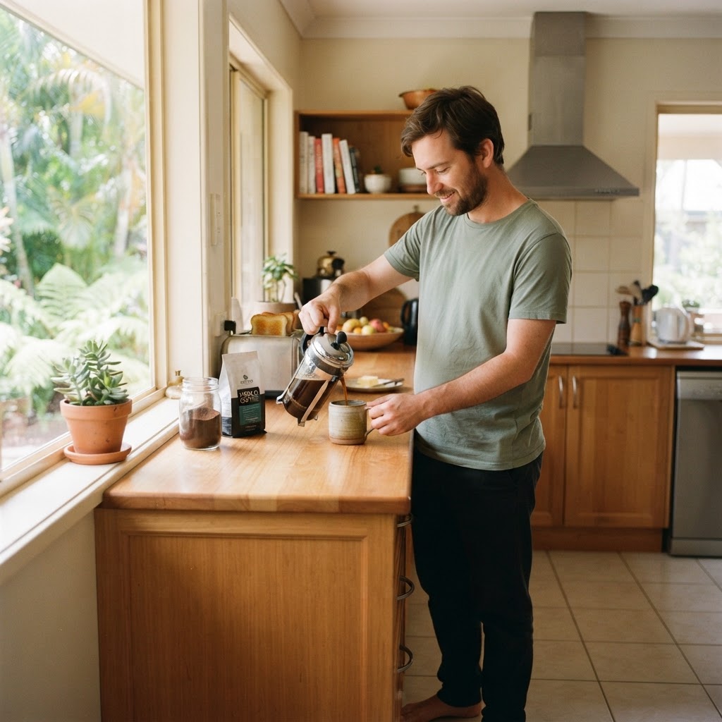 A man making his morning coffee in a sunlit kitchen